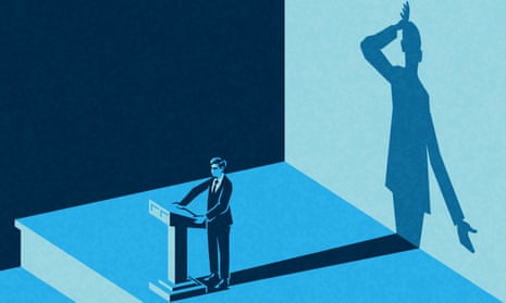 An illustration of Rishi Sunak on stage delivering a speech. He is standing at a lectern but the large shadow he casts on the wall behind him shows him in a different pose, with his hand against his forehead in a 'woe is me' sort of gesture.