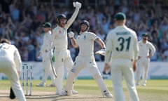 Ben Stokes and Jack Leach celebrate winning the third Test.