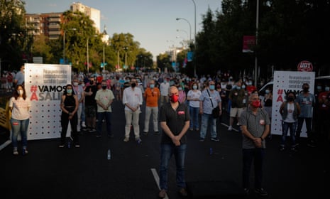 People stage a demonstration demanding a social structuring after the coronavirus pandemic following labour union’s calls for protest in Madrid, Spain on June 27, 2020.