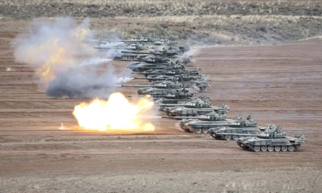 T-72B tanks fire during military exercises in May, 2019, at the firing ground Koktal in Almaty Region, Kazakhstan.