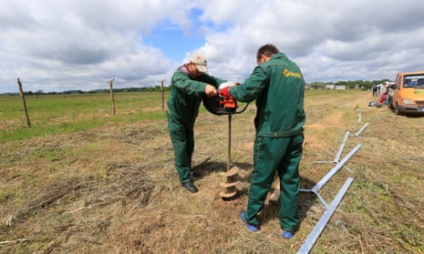 Workers drill a hole for a fence at Sudargas border crossing point with Lithuania and Kaliningrad in Ramoniškiai.