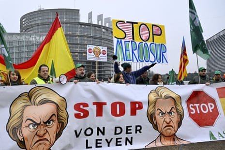 Thousands of angry farmers protest against the free trade agreement between the European Union and Mercosur in front of the European parliament in Strasbourg, France.