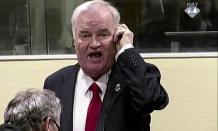 A video image of Ratko Mladic reacting during his trial before being dragged out of the courtroom in The Hague in November.