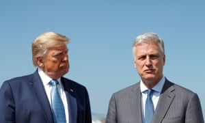 Robert O’Brien with Trump in LA last year. O’Brien said: ‘If the Biden-Harris ticket is determined to be the winner – and obviously things look that way now – we’ll have a professional transition.’