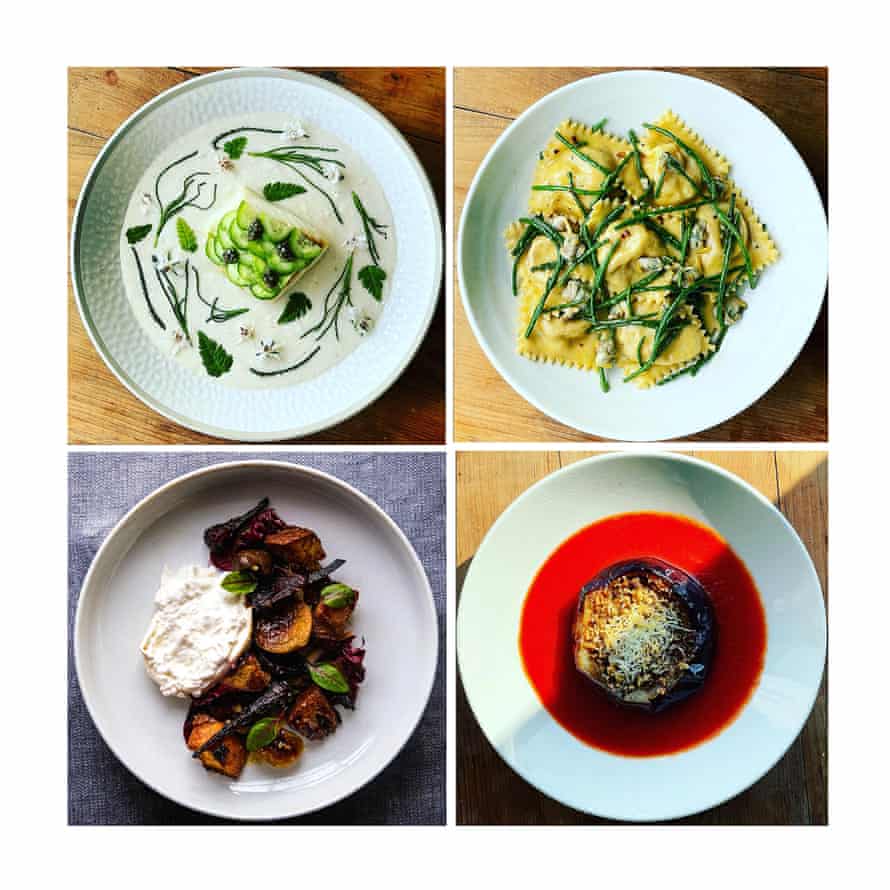 Clockwise from top left: black cod, pickled cucumber, caviar and ajo blanco; crab ravioli with samphire and cockle butter; aubergine stuffed with lamb and hazelnuts, served with roasted tomato sauce and smoked olive oil; winter salad of radicchio, pickled fig, roasted baby beetroot, picked walnut and burrata panzanella with a grape must dressing.