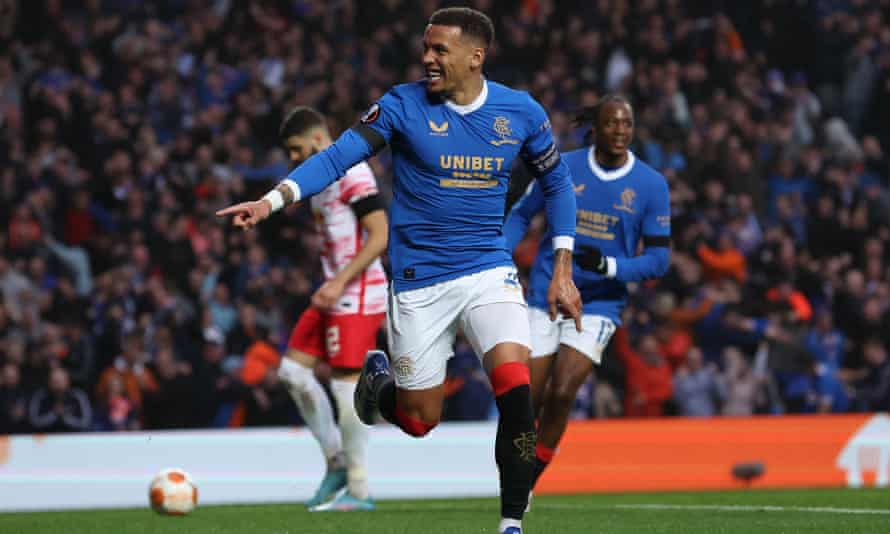 James Tavernier celebrates after scoring Rangers’ first goal during the Europa League semi final second leg against RB Leipzig.