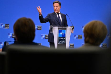 Nato secretary general Mark Rutte delivers remarks during the pre-ministerial press conference at the Nato headquarters, in Brussels.