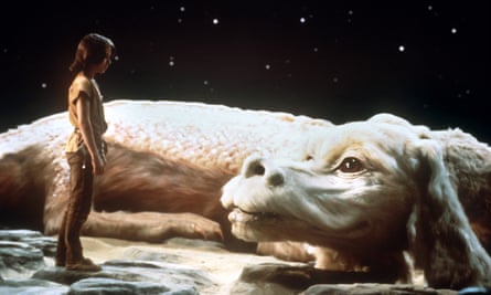 A boy and a dragon in a scene from The NeverEnding Story