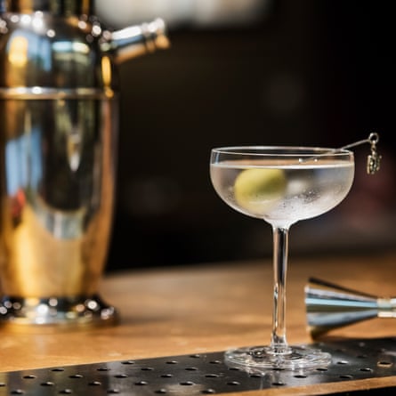 Dry Martini cocktail in vintage glass with jigger and shaker.