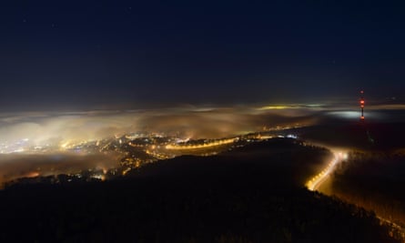 Stuttgart, seen from the TV tower at night, with fog, Baden-Wuerttemberg