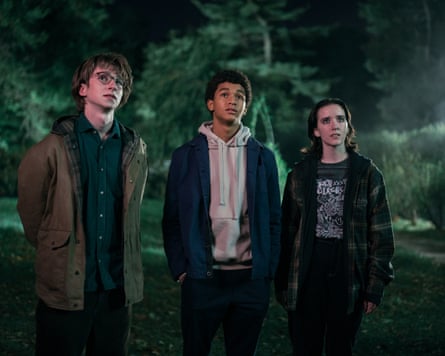 Adrian Greensmith (Arthur ‘Spoon’ Spindell), Jaden Michael (Mickey Bolitar) and Abby Corrigan (Ema Winslow).