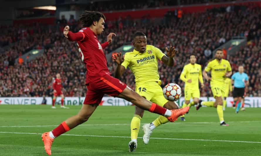 Liverpool's Trent Alexander-Arnold in action with Villarreal's Pervis Estupinan.