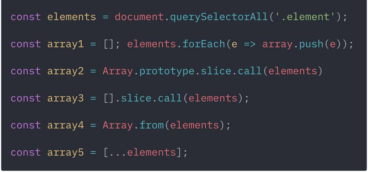 Five ways to turn a NodeList into an array of Elements