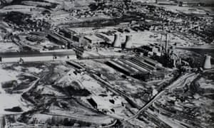 The steel mill at Consett, County Durham, with its surrounding slag heaps.
