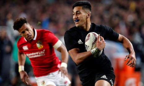 Rieko Ioane smiles as he runs in his second, and the All Blacks’ third try. 