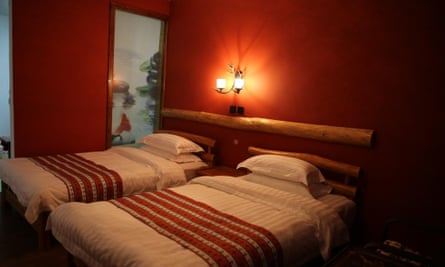 Twin-bedded room at Nirvana Hotel, Xiahe, China.
