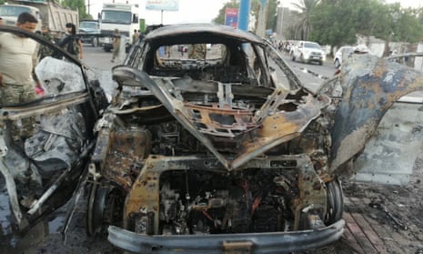 Wreckage after the car bombing in Aden that killed TV journalist Rasha Abdullah al-Harazi
