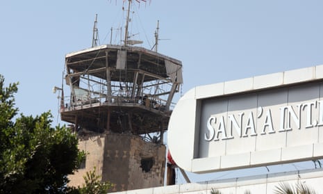 The damaged control tower and signage of Sana'a airport a day after Israeli airstrikes targeted it.