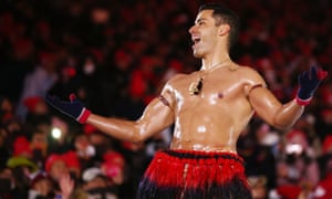 Pita Taufatofua at the Winter Olympics Closing Ceremony in 2018