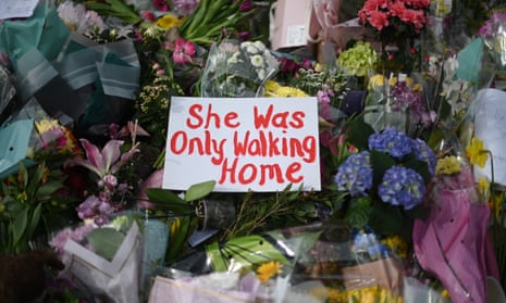 Messages and floral tributes to Sarah Everard on Clapham Common in March.