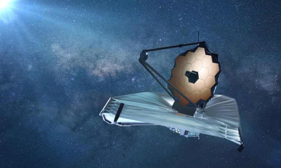 An illustration of the James Webb space telescope observing a distant star.