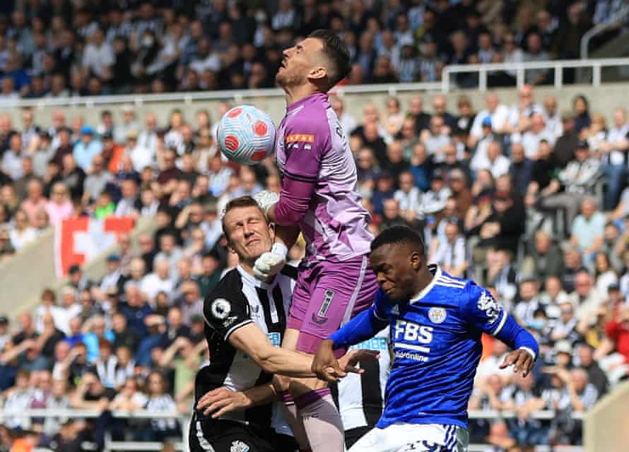 Newcastle’s Martin Dubravka and Dan Burn collide.