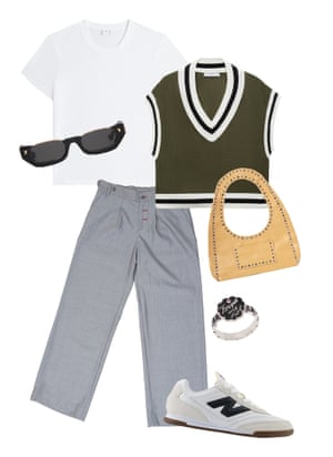 A varsity style tank top layered over a white t-shirt