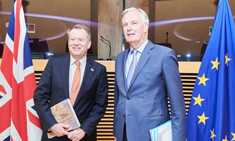 The UK’s chief negotiator, David Frost, left, with his EU counterpart, Michel Barnier, before the coronavirus crisis took hold.