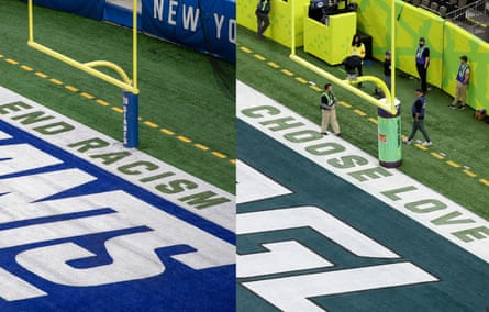 Comparison of two football field end zones with the first having ‘end racism’ and the seond having ‘choose love’.