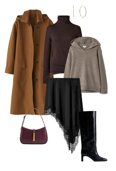 A composite image of a tobacco-coloured coat, brown polo neck, large gold hoop earrings, light brown knit hoodie, black lace asymmetric skirt, black knee-high boots and a burgundy shoulder bag on a white background.