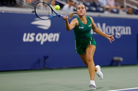 Sofia Kenin plays a forehand against Emma Raducanu in the first round of the 2024 US Open