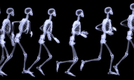 A human skeleton running
