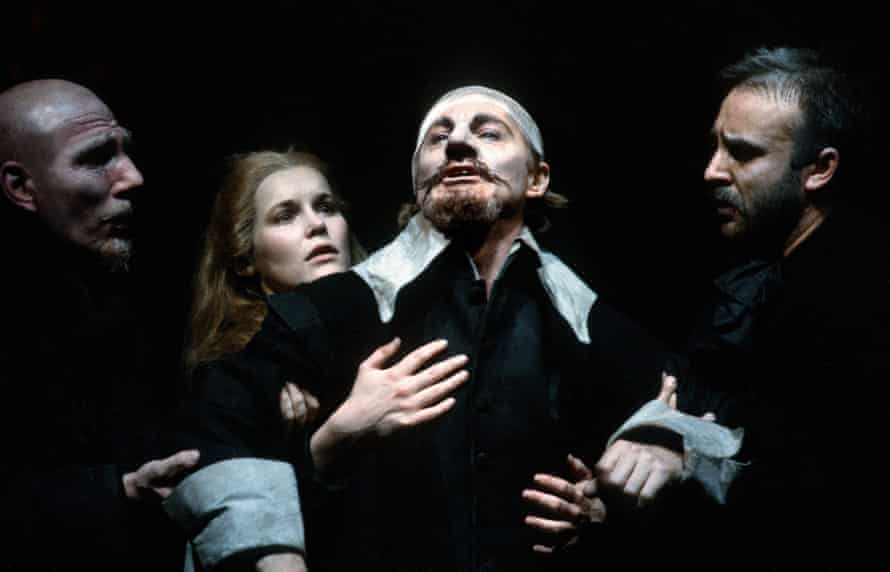 Pete Postlethwaite (Ragueneau), Alice Krige (Roxane), Derek Jacobi (Cyrano) and John Bowe (Le Bret) in the RSC’s 1983 production of Cyrano de Bergerac, directed by Terry Hands.
