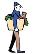 Illustration of man carrying shopping and coffee mug