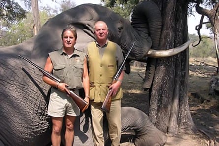 Former king of Spain, Juan Carlos, poses in front of a dead elephant on a hunting trip in Botswana in 2012.