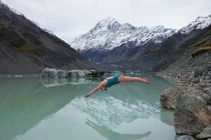 Ice swimmer Jamie Monahan at Aoraki (Mount Cook) in New Zealand, May 2017