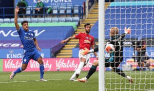Bruno Fernandes of Manchester United puts the ball past Kasper Schmeichel of Leicester City but it’s ruled offside.