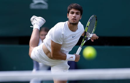 Carlos Alcaraz serves in his victory over Holger Rune.