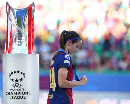 Barcelona’s Aitana Bonmati looks dejected during the trophy ceremony following her side’s defeat to Arsenal.