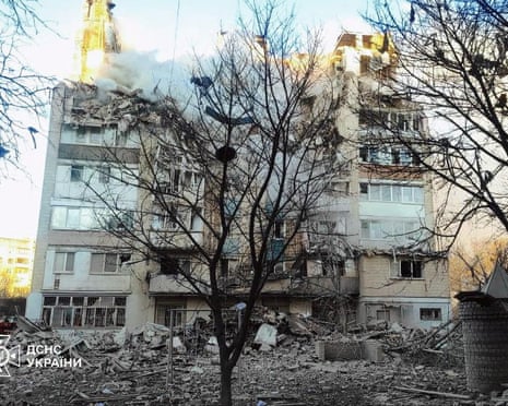 Smoke rises from an apartment building which was hit during a morning Russian missile strike, amid Russia’s attack on Ukraine, in Ternopil, Ukraine.