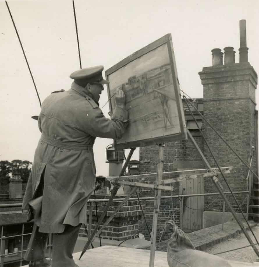 Barnett Freedman painting on a rooftop in France, probably while in Arras, 1940.