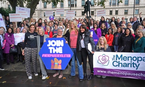 From left, Dr Louise Newson, Mariella Frostrup, MP Carolyn Harris, Penny Lancaster and Davina McCall at parliament in London demonstrating against HRT prescription charges, 29 October 2021. 