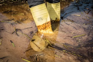 Person wearing wellington boots in oily water in Bayelsa, Nigeria, 8 June 2018