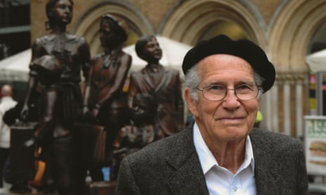 Ben Abeles, photographed in 2008 in front of the Kindertransport memorial at Liverpool Street station, central London.