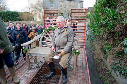 Prince Charles travels in a trailer through flood water in Muchelney after flooding on the Somerset Levels in 2014.