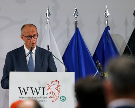 German chancellor Friedrich Merz delivers a speech during the award ceremony of the 2026 International Westphalian Peace Prize, in Münster, Germany.