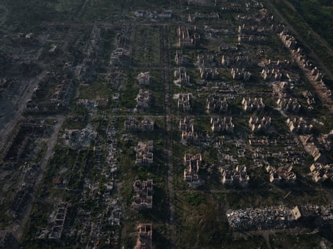 Aerial view showing the ruins of destroyed buildings