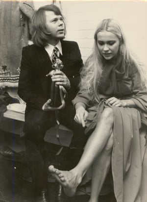 Photograph of Björn Ulvaeus and Agnetha Fältskog backstage at the opening of Jesus Christ Superstar in Gothenburg, 1972.