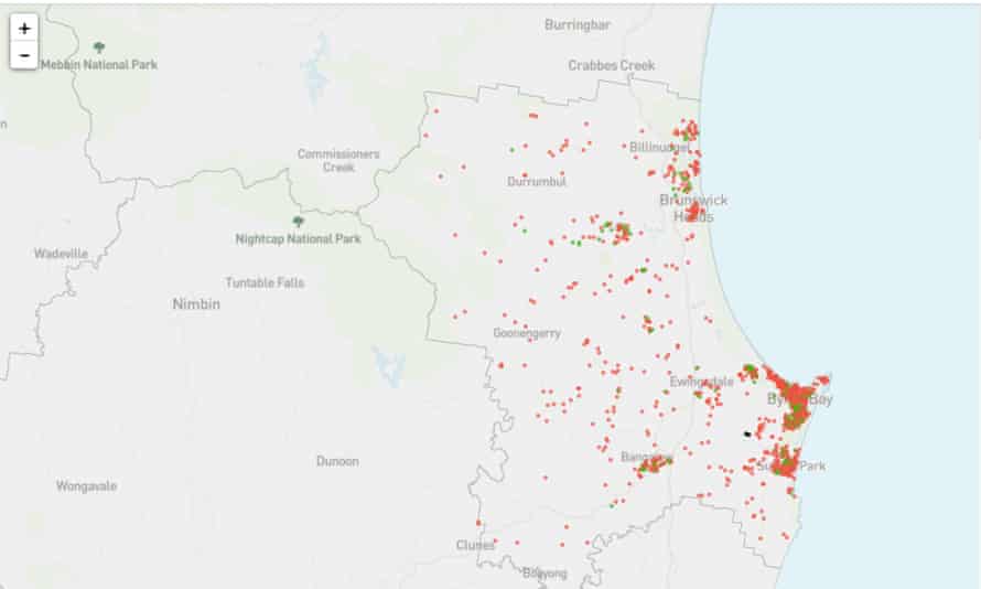 A map created by Inside Airbnb showing Airbnb listings in Byron shire.
