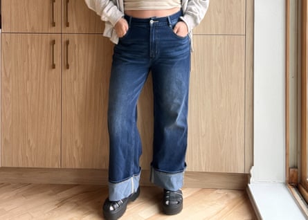 Halara Flex High-Waisted Pockets Rolled Hem Wide Leg Washed Casual Jeans